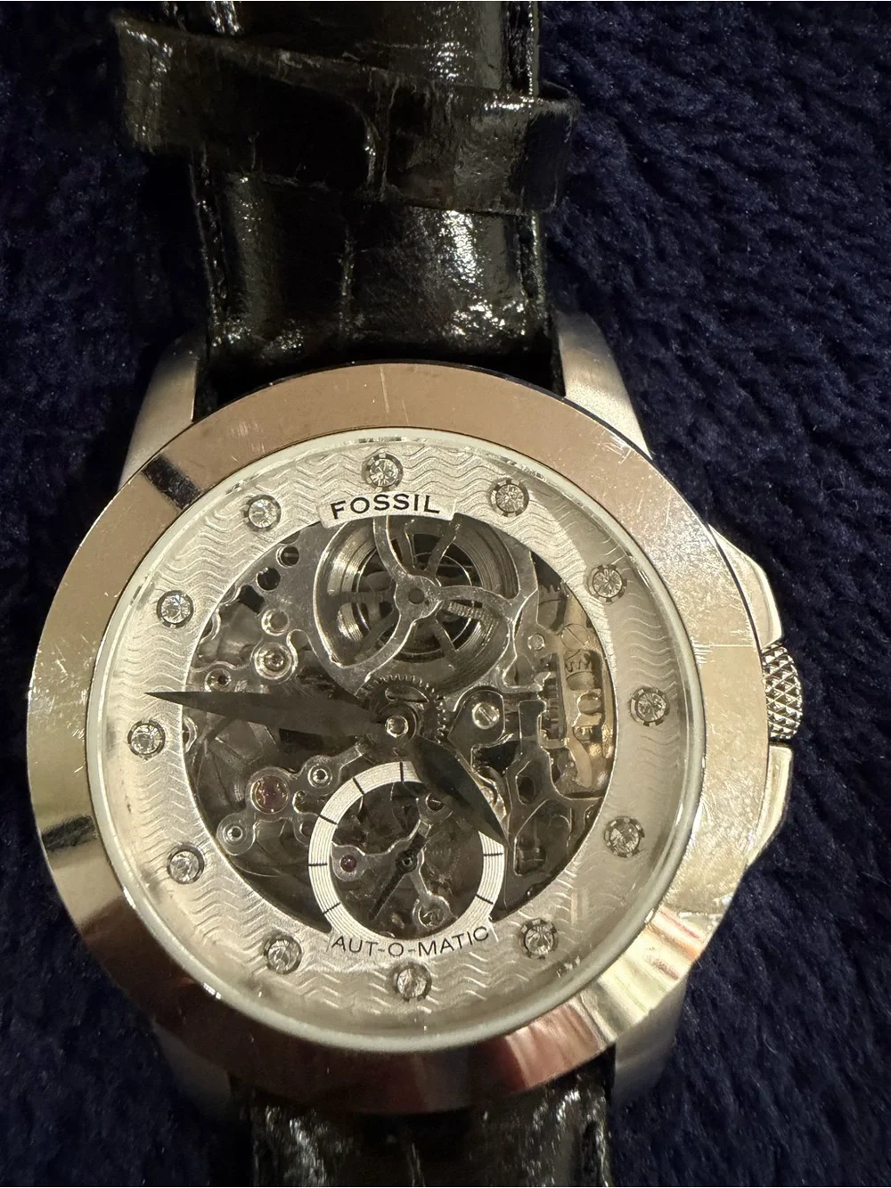Fossil Womens Self Winding Black Leather Strap Skeleton Dial Watch
